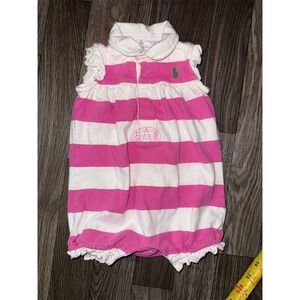 Ralph Lauren Baby Girls Pink Striped Ruffle Bubble Romper‎ 3M Preppy one piece
